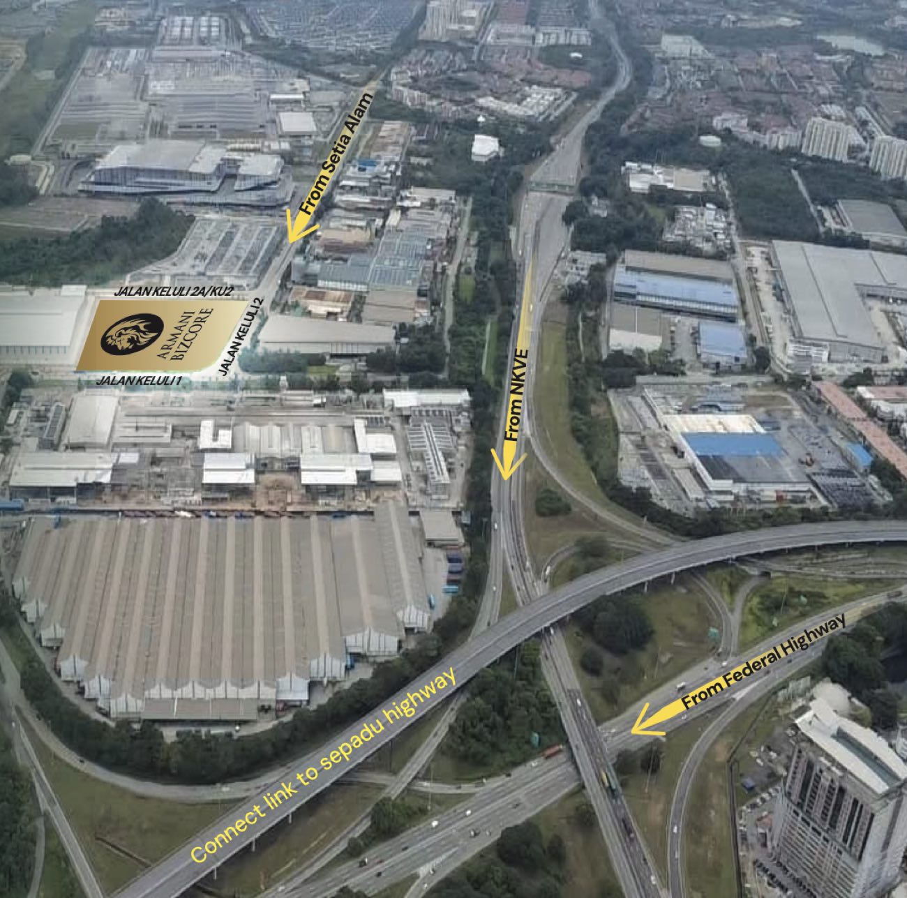 项目位置航拍图 — 显示与 NKVE、联邦大道、Sepadu 高速的连接